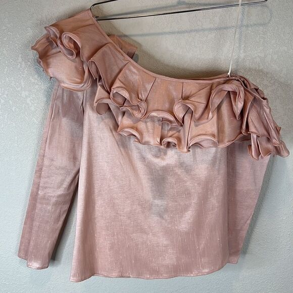 NWT Petersyn Lou One Shoulder Blouse- Cameo Pink Ruffle Size Small - Picture 2 of 12